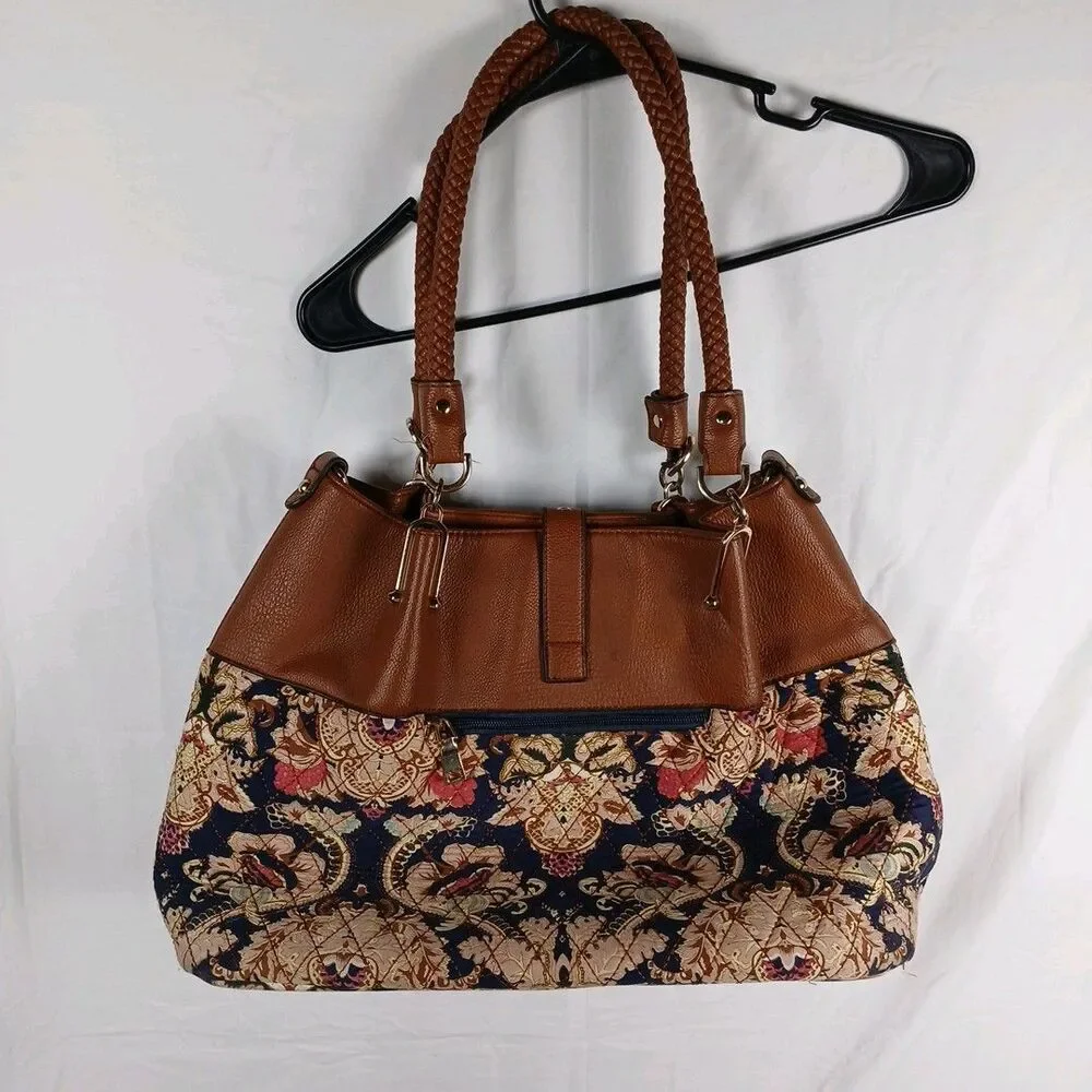 Black Rivet Floral Tapestry Shoulder Bag with Brown Leather Trim